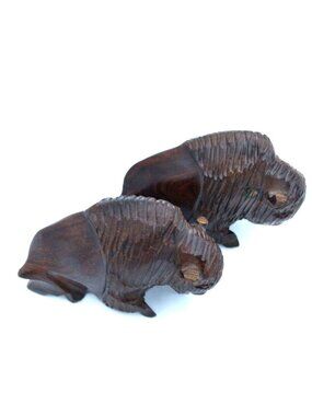 Set of 2 small tribal? Hand Carved Bison Buffalo Ironwood Figurine Sculptures